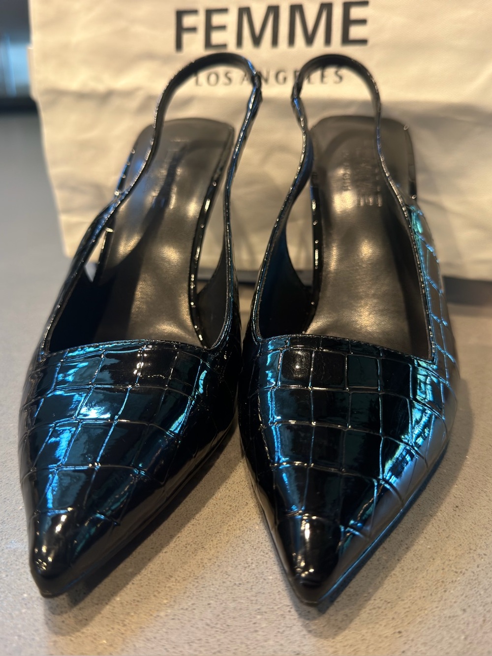 FEMME LA Exotic Noir G63 Slingback Heels Size 38 Fits Size 8 - Picture 5 of 5